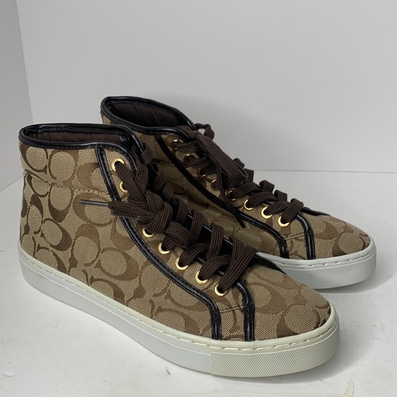 Coach Rebecca signature brown canvas high top sneakers NIB - Picture 1 of 11